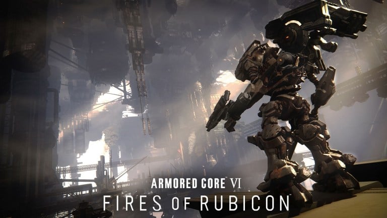 A promotional screenshot of a mech in Armored Core 6