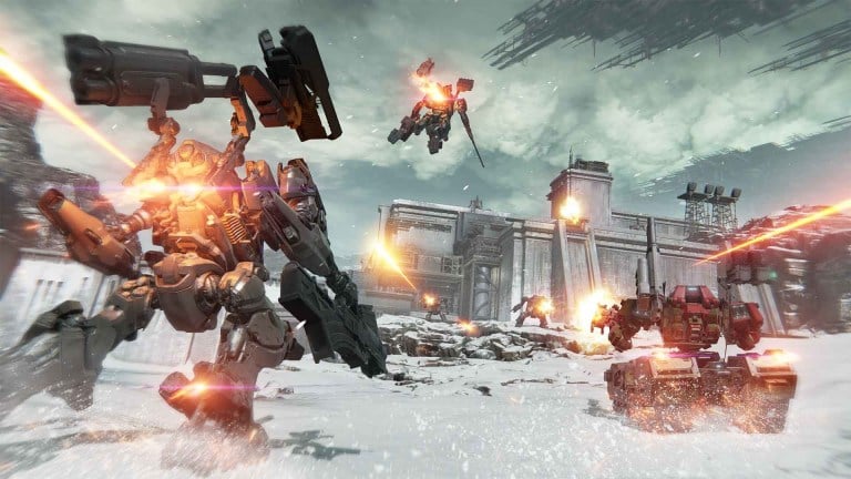 Armored Core 6 screenshot of mechs fighting in snow