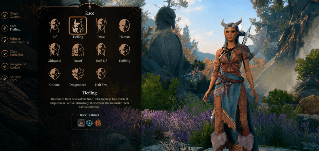 Image displaying the race options in the character creation menu from Baldur's Gate 3.