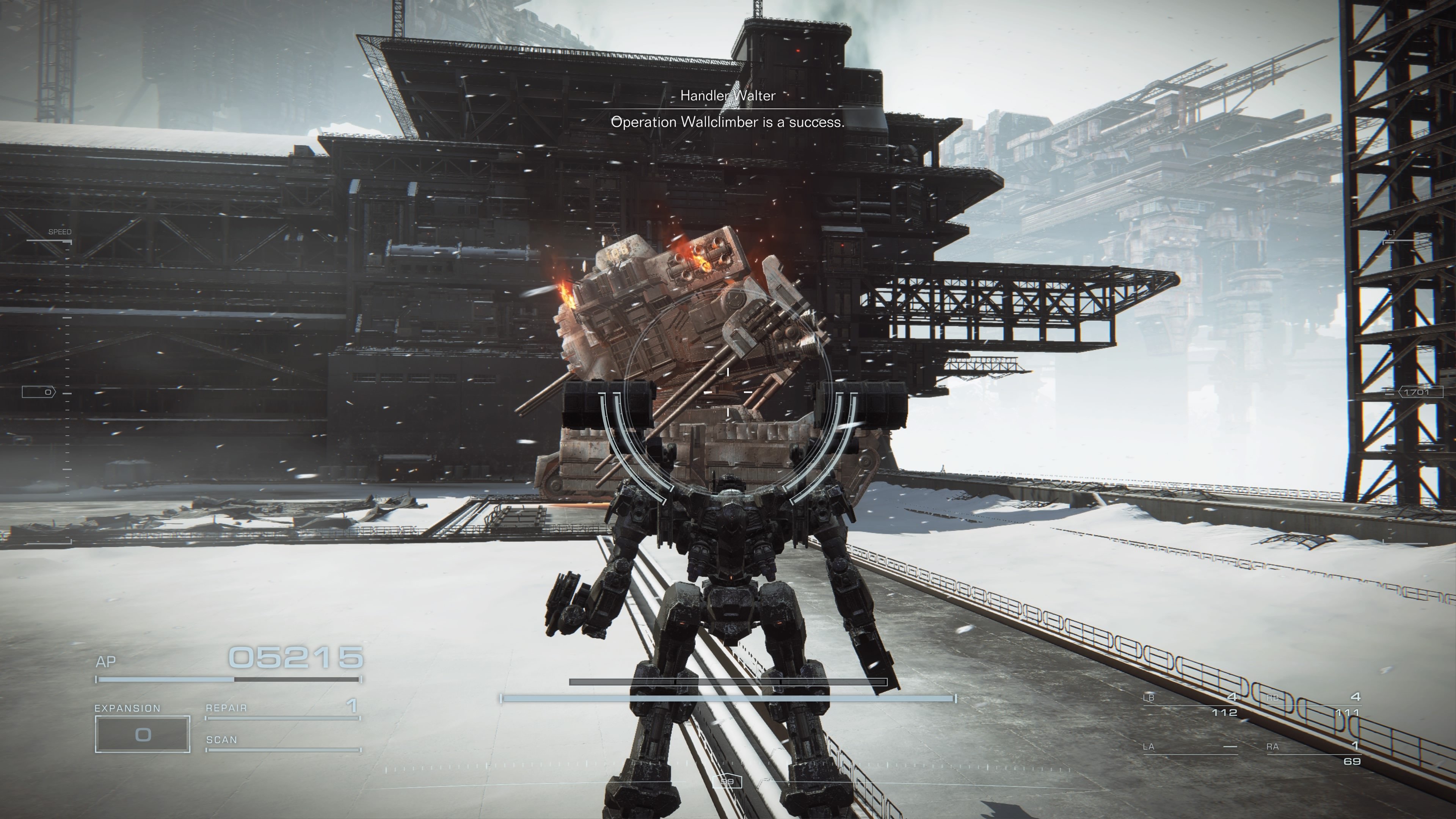 A massive tank burns in Armored Core 6