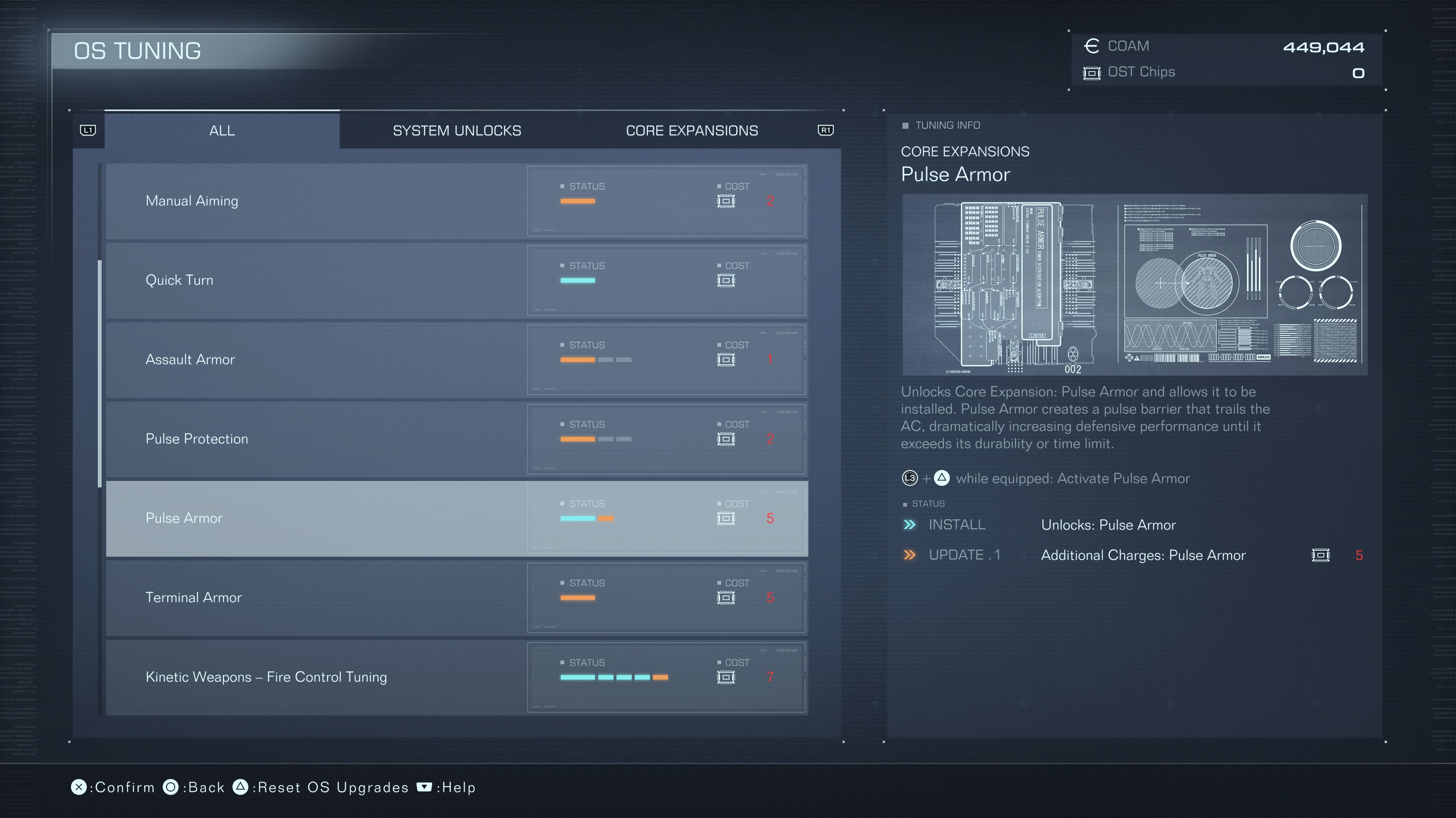 An upgrade menu screen for Armored Core 6