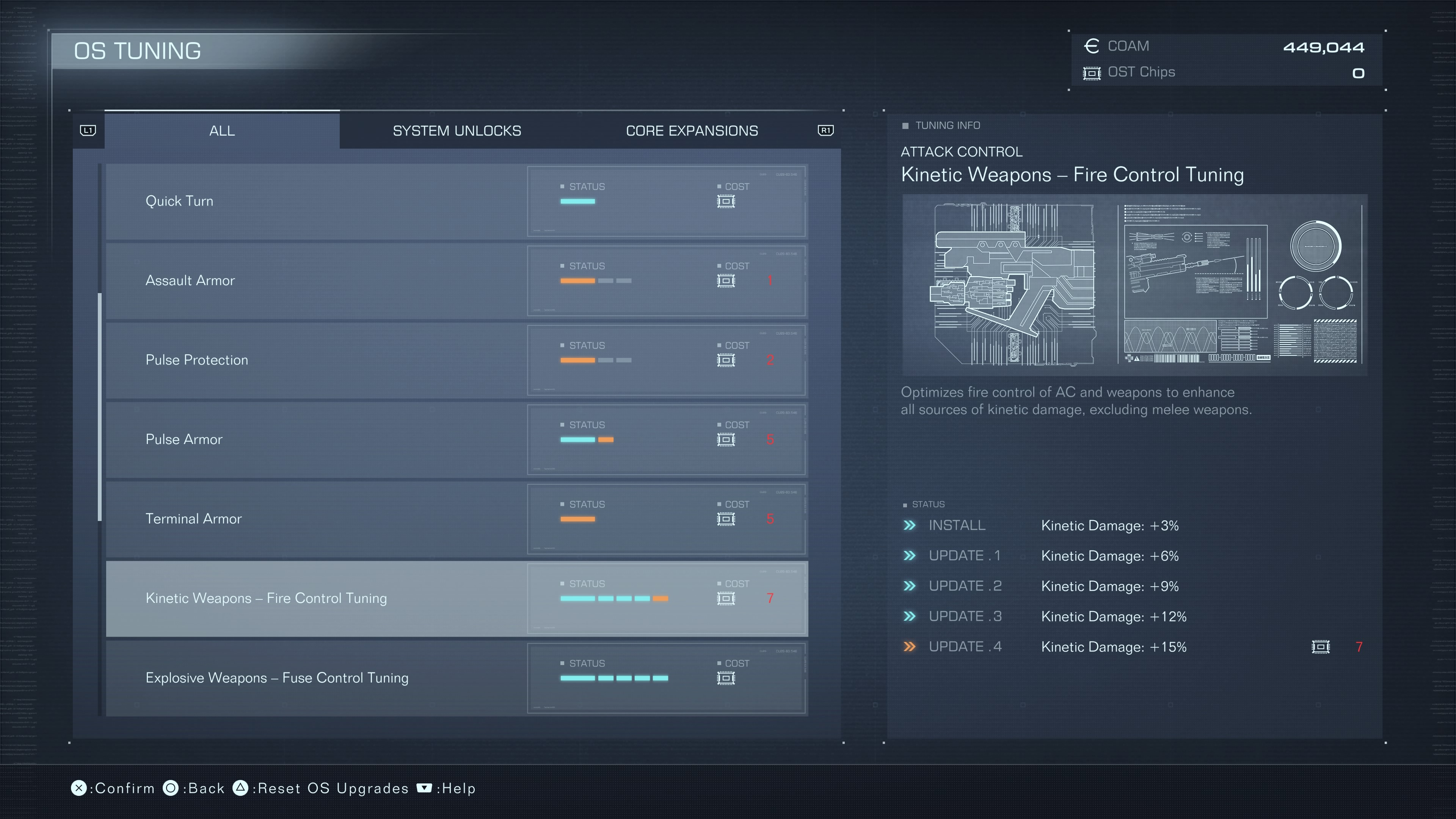 An upgrade menu screen for Armored Core 6