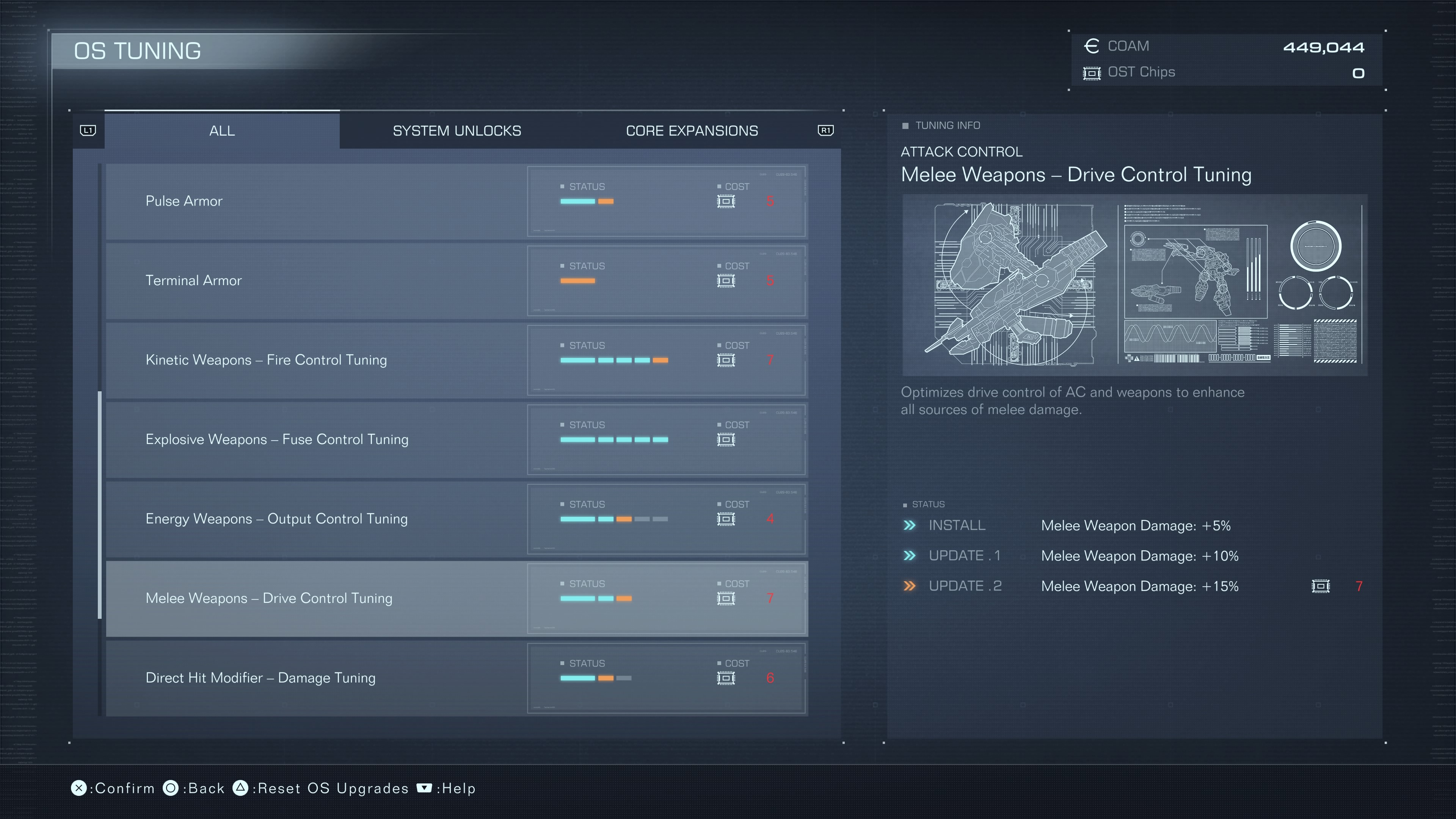 An upgrade menu screen for Armored Core 6