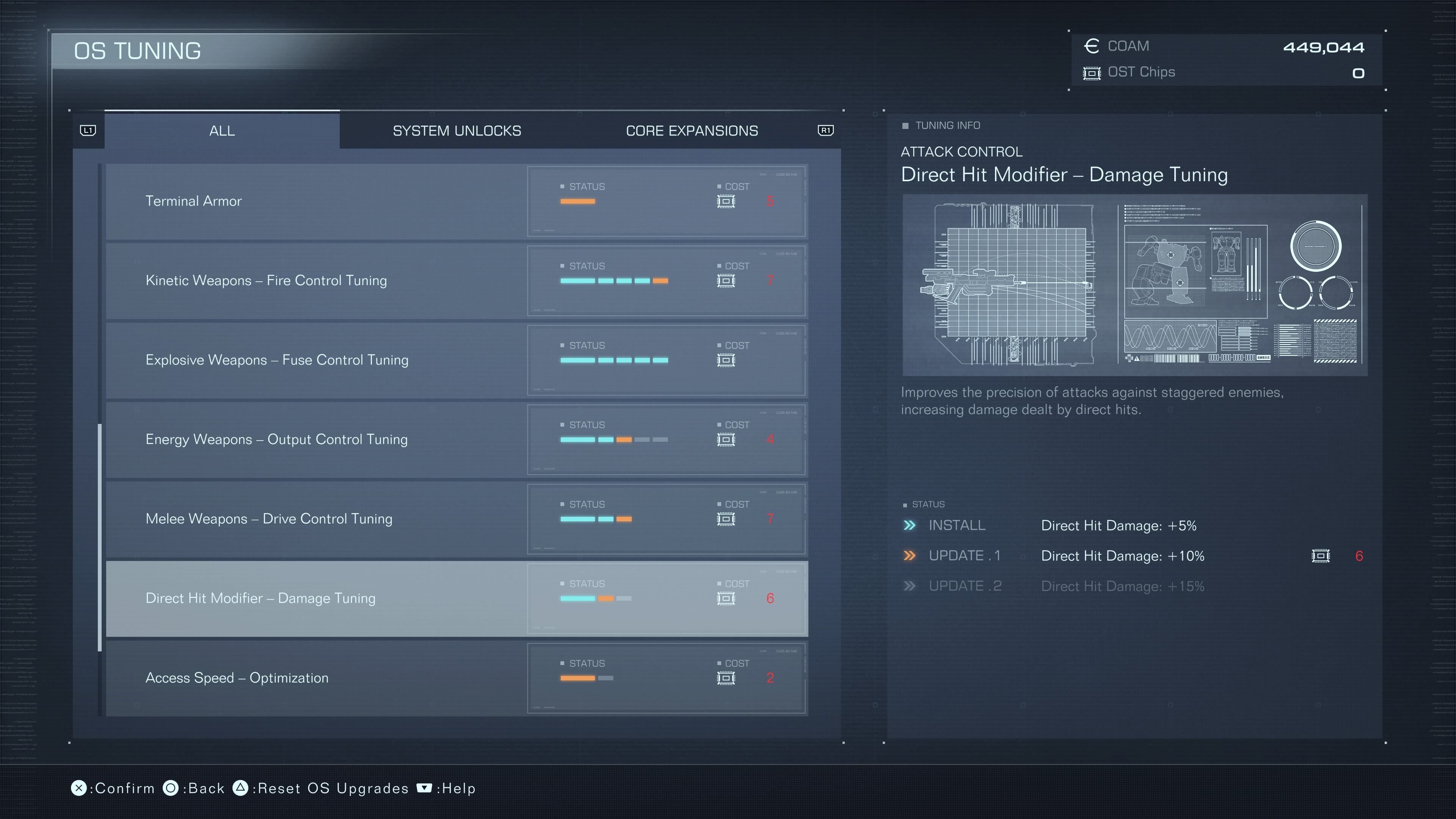 An upgrade menu screen for Armored Core 6