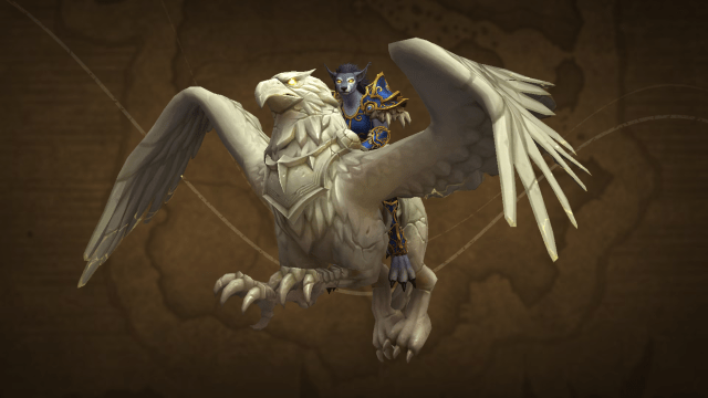 WoW character riding Alabaster Stormtalon Trading Post mount