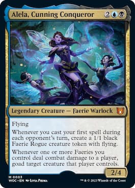 Image of faeries casting spells throgh Alela, Cunning Conqueror Wilds of Eldraine Fae Dominion Commander Precon deck