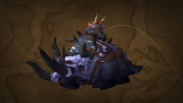 WoW character riding Ancestral Clefthoof Trading Post mount