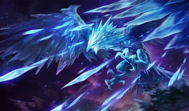 Anivia splash art in League of Legends -- base splash art of the flying blue bird pelting enemies with frost magic