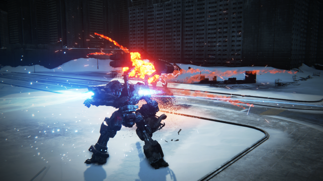 Image displays an action shot of two ACs battling in Armored Core 6.