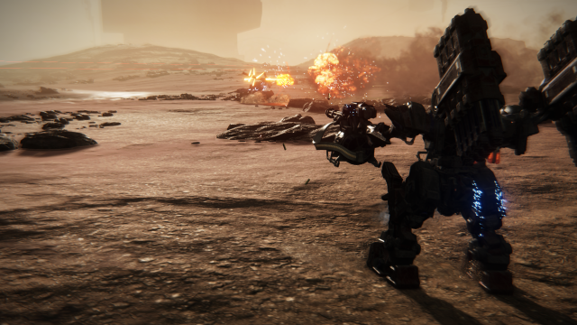 Displays the final moments of an Arena Challenge in the desert in Armored Core 6.