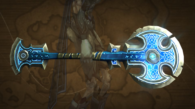 WoW character holding Azure Nexus Crescent transmog from the Trading Post