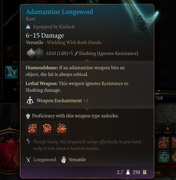 Displays item stats for Adamantine Longsword.