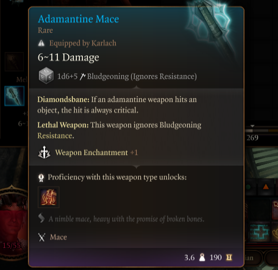 Displays statistics for Adamantine Mace.