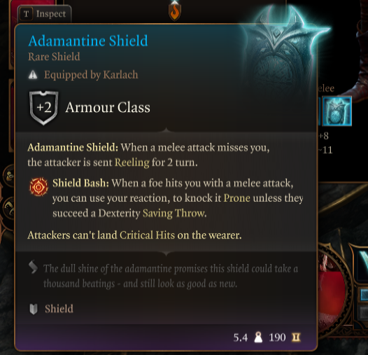 Displays item stats for Adamantine Shield.