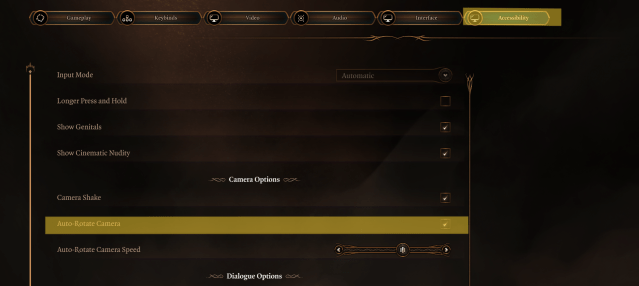 Displays the Accessibility menu in Baldur's Gate 3, with Auto-Rotate Camera highlighted.