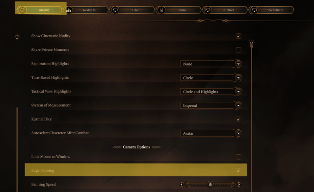Displays the Gameplay menu in Baldur's Gate 3, with Edge Panning highlighted.