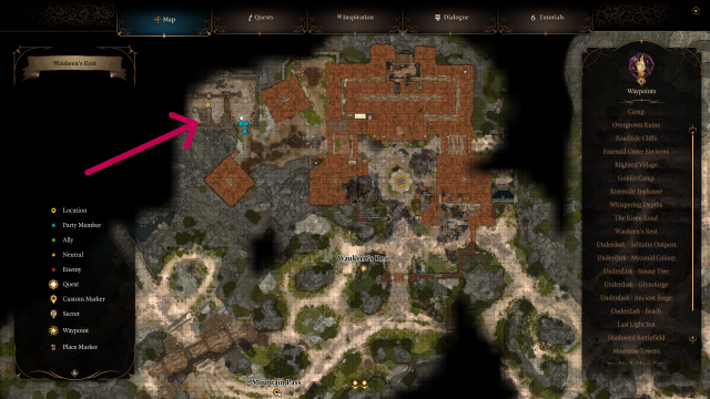 Image displays Waukeen's Rest, with an arrow pointing out the entrance to Zhentarim Hideout.