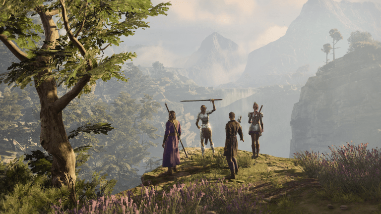 Image displays a fantasy landscape with four adventurers on a hillside.