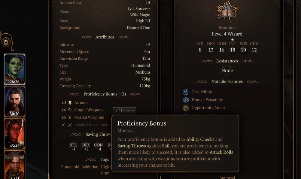 Image displays a character sheet of a level 4 Sorcerer in Baldur's Gate 3, with Proficiency Bonus being inspected.