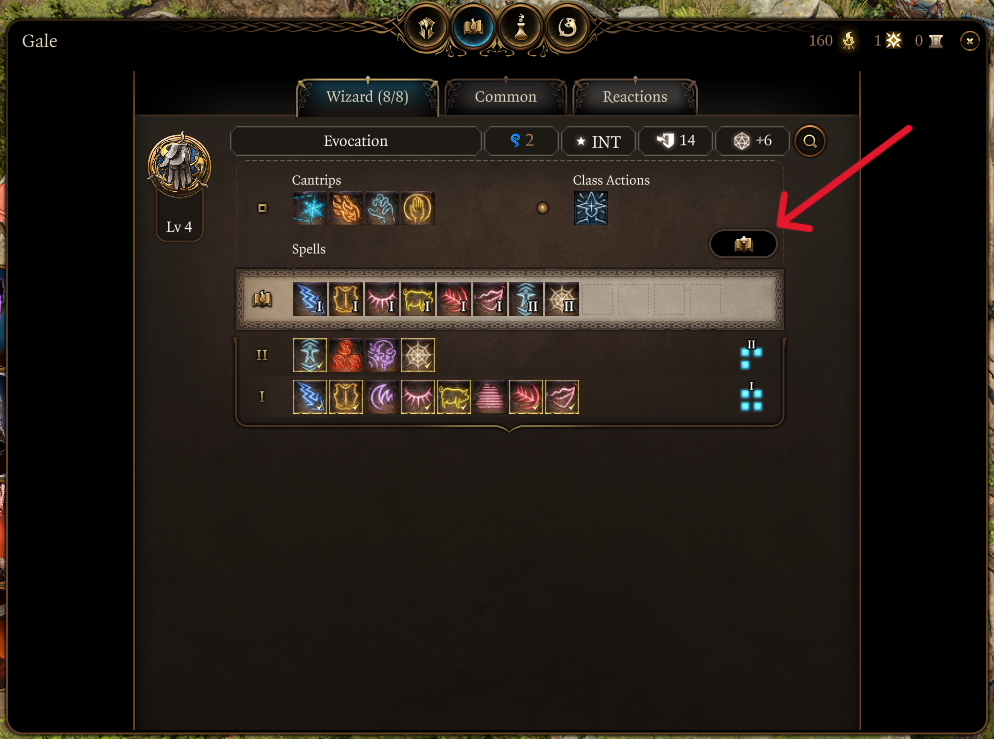 Image displays the Spellbook menu for Gale, a Wizard in Baldur's Gate 3. 