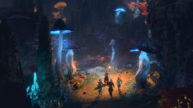 A group of adventurers carry a torch in the darkness, with giant mushrooms lit by magical blue light scattered around the area.