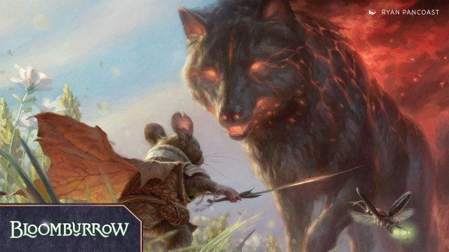 Image of mouse fighting wolf in Bloomburrow MTG set