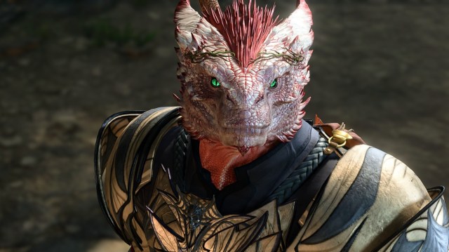 A Dragonborn character in Baldur's Gate 3 looks toward the camera.