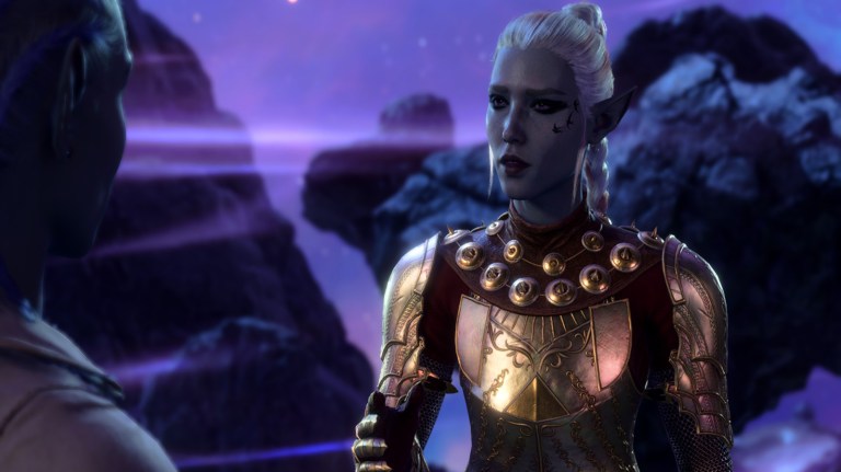 A Drow Guarian in Baldur's Gate 3 in front of a purple space-like background.