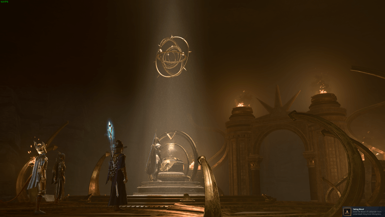 The Blood of Lathander room in Baldur's Gate 3. A floating artifact in a beam of light, surrounded by gold.