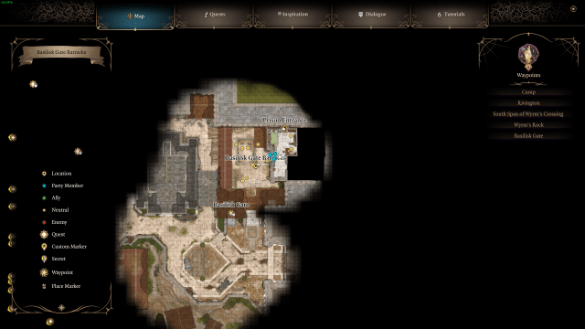 A map screenshot showing the Prison Entrance in the Basilisk Gate Barracks. Guildhall BG3