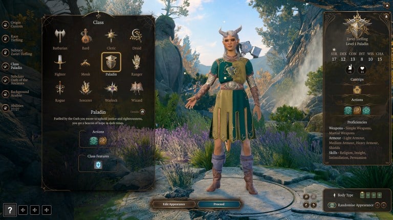 The screenshots shows a Paladin character in Baldur's Gate 3. Said character is dressed with a green and yellow clothing and has white horns.