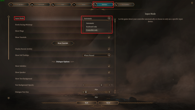 Screenshot taken of Baldur's Gate 3 Menu, highlighting the controller support feature.