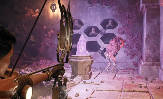 A screenshot from Remnant 2 showing a type of Root enemy that will emit poisonous gas when destroyed. It has red bulbs on its back and resembles a tree branch.