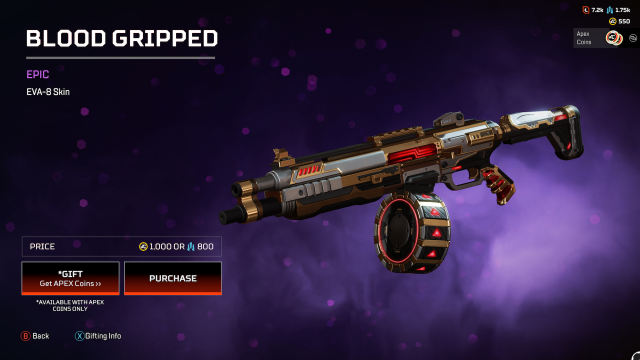 The Blood Gripped EVA-8 shotgun skin, which had a silver barrel along with gold and red details.