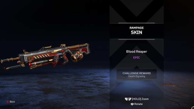 The Blood Reaper Rampage skin, featuring a silver and gold barrel with red details.
