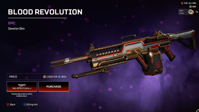 The Blood Revolution Devotion skin, with a black and silver barrel divided by a red and gold line, with further red and gold accents on the handle and magazine.