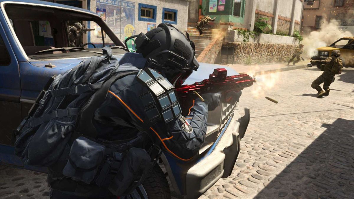 Image showcasing the Punta Mar Map for Call of Duty Modern Warfare II. A visible firefight is happening between a player holding a red camo gun with smoke trails at the barrel. A nearby vehicle acts as cover.