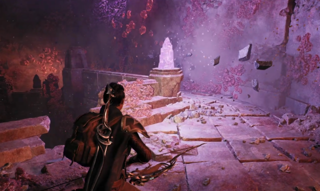 The player character stands in front of a smaller pink crystal that glows brightly as debris floats around the area in Remnant 2.