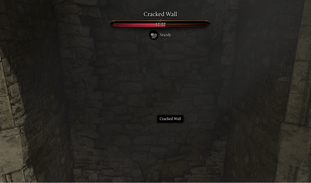 A cracked stone wall in Baldur's Gate 3. Half of it is in rubbles while a red healthbar indicates the wall is at half health.