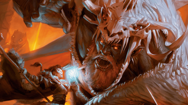 A Human Cleric battles a massive giant in the universe of Dungeons & Dragons 5E.