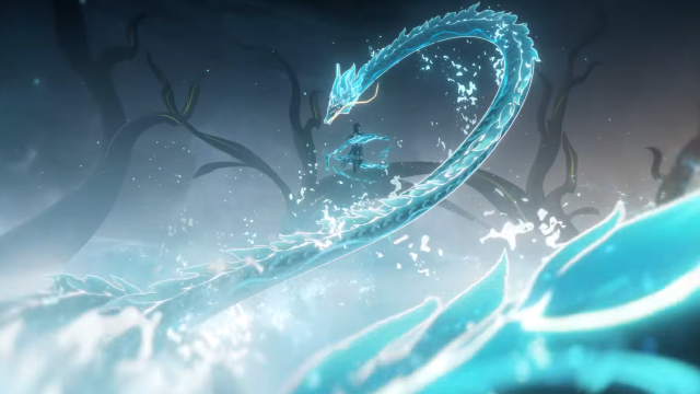 Dan Heng floating while surrounded by swirling water and a massive Hydro dragon. 