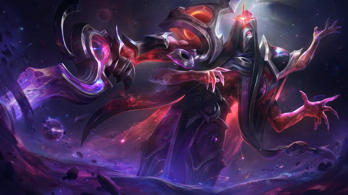 The splash art for Dark Cosmic Erasure Jhin—a dark red recolor of Dark Cosmic Jhin.