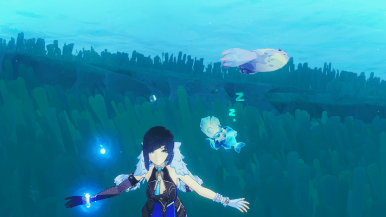 Yelan floating underwater in front of Dobharcu, Lord of the Hidden.