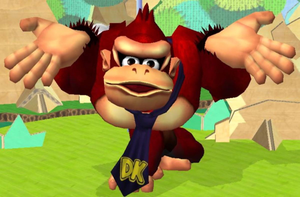 Donkey Kong taunting his opponent in Super Smash Bros. Melee.