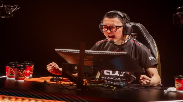 Zheng "ZmjjKK" Yongkang of EDward Gaming reacts while competing at VALORANT Champions Los Angeles Playoffs Stage at the Shrine Expo Hall on August 18, 2023 in Los Angeles, California.