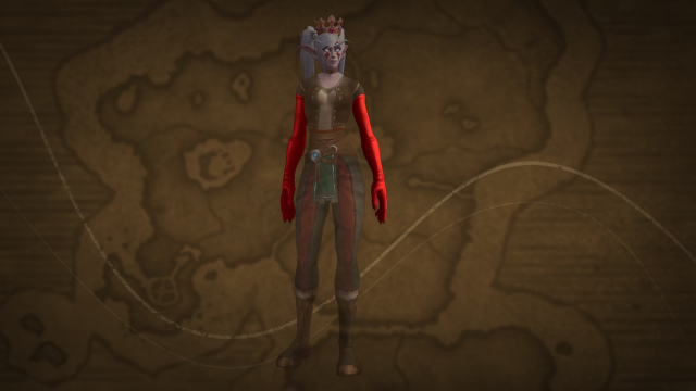 WoW character wearing Ember Court Soiree Gloves transmog from the Trading Post