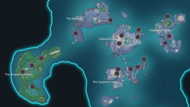 A map of Enkanomiya with the Time Trials marked. 