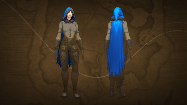 WoW character wearing Ensemble: Vagabond’s Azure Threads transmog from the Trading Post