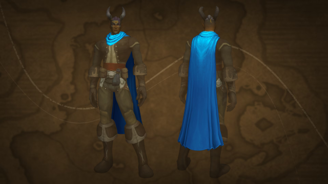 WoW character wearing Ensemble Wanderer’s Azure Trappings transmog from the Trading Post