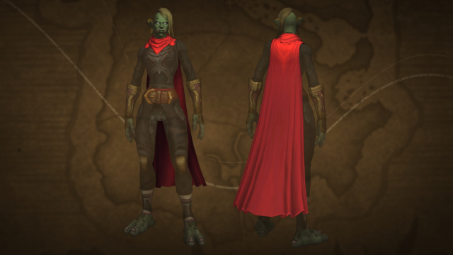 WoW character wearing Ensemble: Wanderer’s Crimson Trappings transmog from the Trading Post